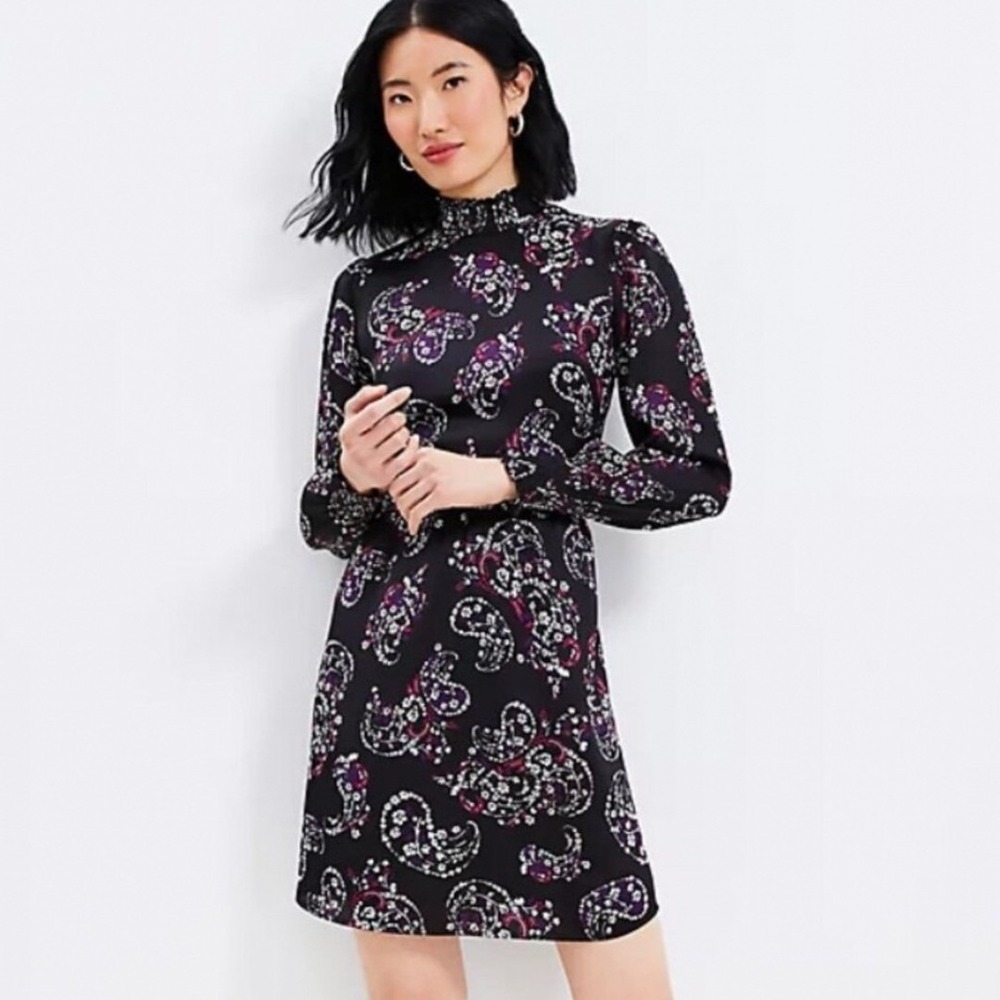 LOFT Paisley Smocked Mock Neck Mini Dress Size 8 Black Purple Floral Cuff